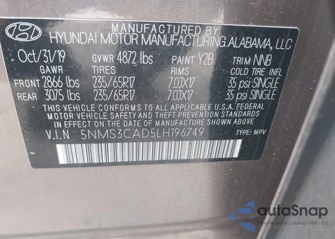 2020 Hyundai Santa Fe Sel z USA, uszkodzony, nr VIN 5NMS3CAD5LH196749